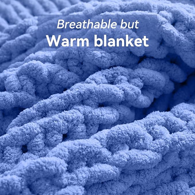 Chunky Knit Throw Blanket, 50''*60'' Knitted Throw Chenille Yarn for Bed Couch, Handmade Light Blue Crochet Big Thick Blanket, Machine Washable Cute Comfy Blanket for Home Decor