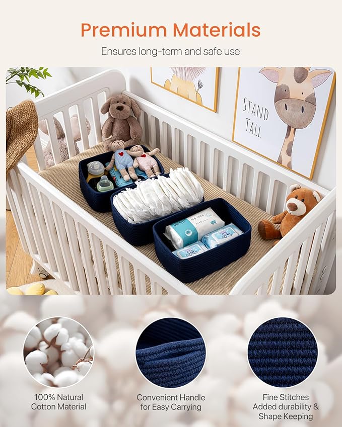 Small Woven Basket, 13.5 x 9.5 x 5 Inches, Storage Basket for Organizing, Cute Small Rope Shelf Closet Cube Storage Bins Baskets for Shelves, Dog Toy Gift Baskets Empty, 3 Packs, Navy Blue
