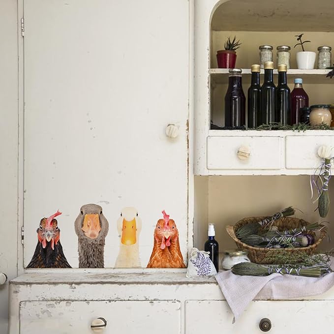 Funny Animal Windows Stickers Decor - 2 Hens Head & 2 Goose Head Window Cling Removable - Cute Animals Window Decals Peel and Stick - Funny Animals Wall Decor for Farmhouse Kitchen Door Refrigerator