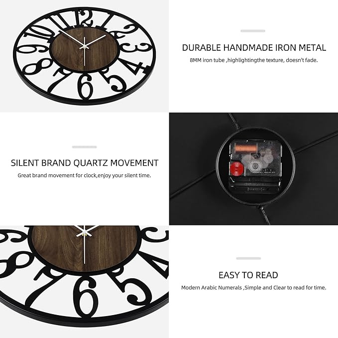 Maxstar Round Wall Clock for Living Room Decor Battery Operated Non Ticking Silent Vintage Black Metal Wood Clocks for Home Living Room Garden Farmhouse Office Kitchen Decoration -13 inch