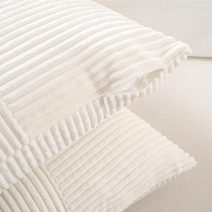 Fancy Homi Set of 2 Cream White Boho Long Lumbar Body Decorative Throw Pillow Cover 14x36 Inch for Bed Couch Bedroom Bench, Soft Patchwork Corduroy Textured Pillow Case, Rustic Farmhouse Room Décor