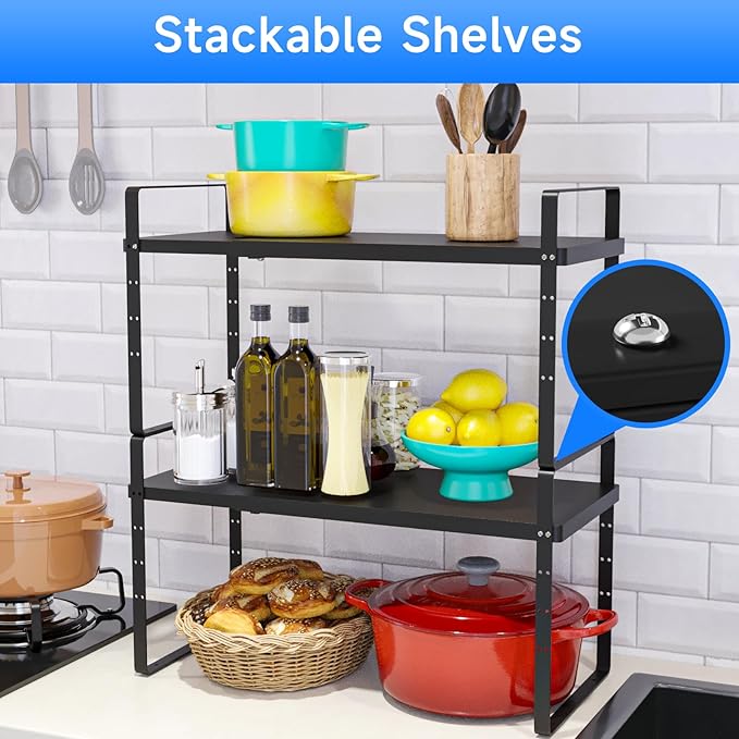 Expandable Cabinet Shelf Organizer, Stackable Kitchen Pantry Counter Storage, Adjustable Closet Cupboard Stand Rack Risers Spice Organization 80LBS Heavy Duty Black 2 Pack