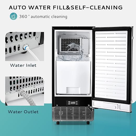 EUHOMY 15" W Commercial Under Counter Ice Maker Machine, 90 Lb/Day Auto-Cleaning & 24H Timer, Gravity Drainage,Stainless Steel Built-in Freestanding Ice Maker, 24 Lb Bin, Ideal for Commercial & Home