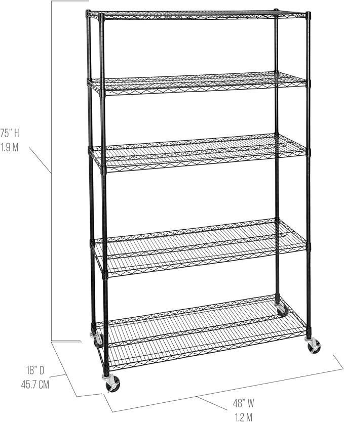 Seville Classics UltraDurable Heavy Duty NSF Solid Steel Wire Rack Storage Unit, Organizer for Garage, Warehouse, Office, Restaurant, Classroom, Kitchen, Black, 5-Tier Shelving, 48" W x 18" D