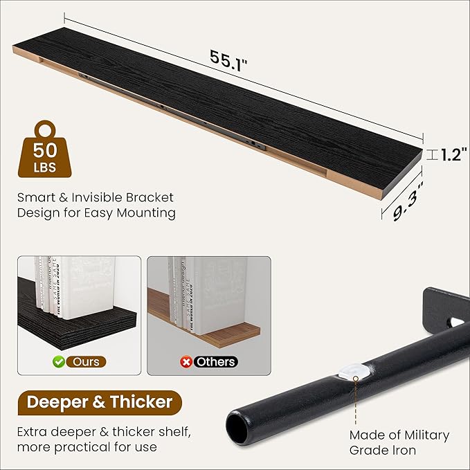 Fun Memories 55 Inch Fireplace Mantel Shelf -Long Floating Shelves, Deep Wall Mounted Farmhouse Display Shelves with Invisible Heavy Duty Metal Bracket, Black, 2 Pack