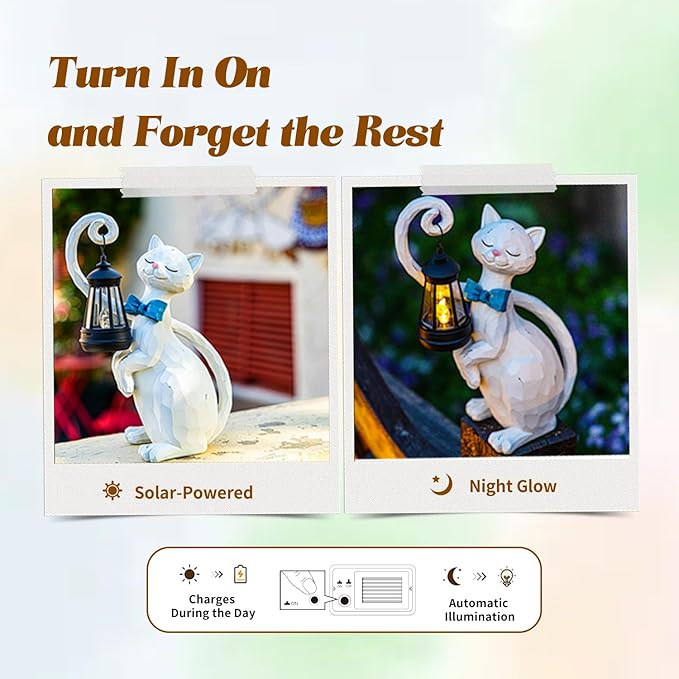 WHIMSYNOOK 10.7" White Cat Solar Garden Light Statue – Outdoor Garden & Yard Decor, LED Lantern, Gift for Cat Lovers