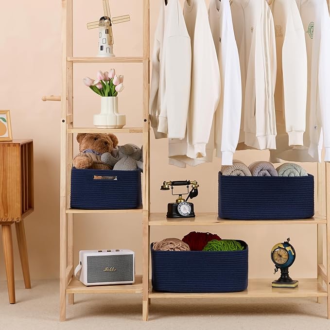 Large Storage Baskets for Organizing, Closet Shelf Baskets for Clothes Blanket Towels, Baby Nursery, Toy Bins Box, Woven Rope Baskets, 17 x 13 x 7.5”, 4 Packs Navy Blue