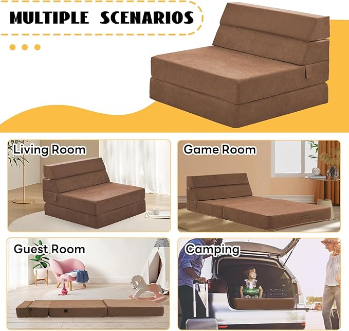 jela Foldable Sofa Bed Large Soft Foam Convertible Sleeper Chair Luxury Miss Fabric Fold Out Chair Bed Floor Couch with Back Support Floor Sofa for Living Room Bedroom (83"x33",Coffee Brown)