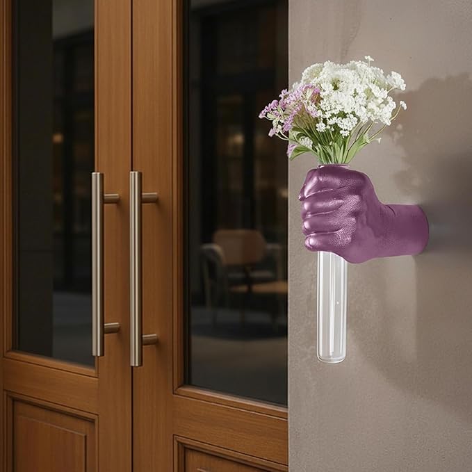 Creative Wall Hanging Sculpture, Artistic Wall Hanging Hand Sculpture with Test Tube vases, Home Decoration Hand Against Wall (Purple)
