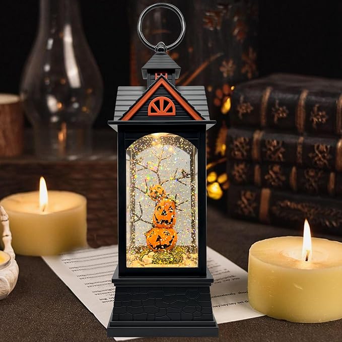 Halloween Snow Globe Lantern with 6 Hour Timer,Halloween Decorations Indoor for Home,Halloween Decor,USB or Battery Powered for Halloween Lanterns,Halloween Pumpkin Lantern