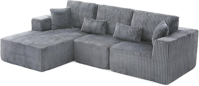 HYJT-H&K Modular Sectional Sofa Cloud Sectional Couch, 107" Comfy Fluffy L Shaped Dark Grey Couches for Living Room, Deep Seat Memory Foam Plush Corduroy Boneless Couch Sectionals Left Facing Chaise