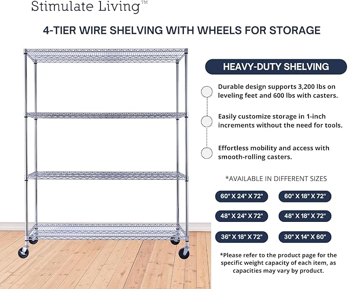 60"x18"x72" Prime Heavy Duty Chrome 4-Tier Wire Shelving NSF 3200 LBS MAX Capacity Storage Rack for Commercial, Hospital, School, Garage, and Kitchen Uses (with Wheels)