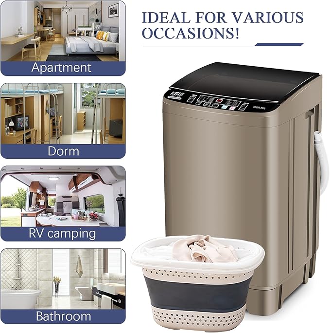 Full Automatic Washing Machine with LED Display, 17.7 lbs Portable Washer Drain Pump, 10 Programs & 8 Water Levels Selections, Ideal for RV, Camping, Apartment, Dorm, Gold