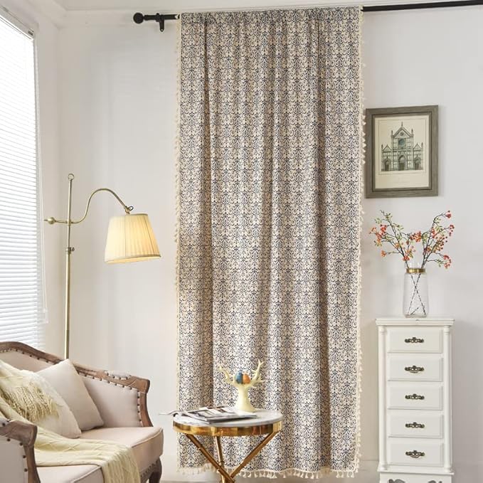 Sutuo Home Boho Curtain 84 Inches Length Semi-Blackout Bohemian Damask Moroccan Florals Print Darkening Curtains Tassels, Rod Pocket Window Treatment Drapes for Bedroom, 1 Panel 59" W x 84" L, Blue