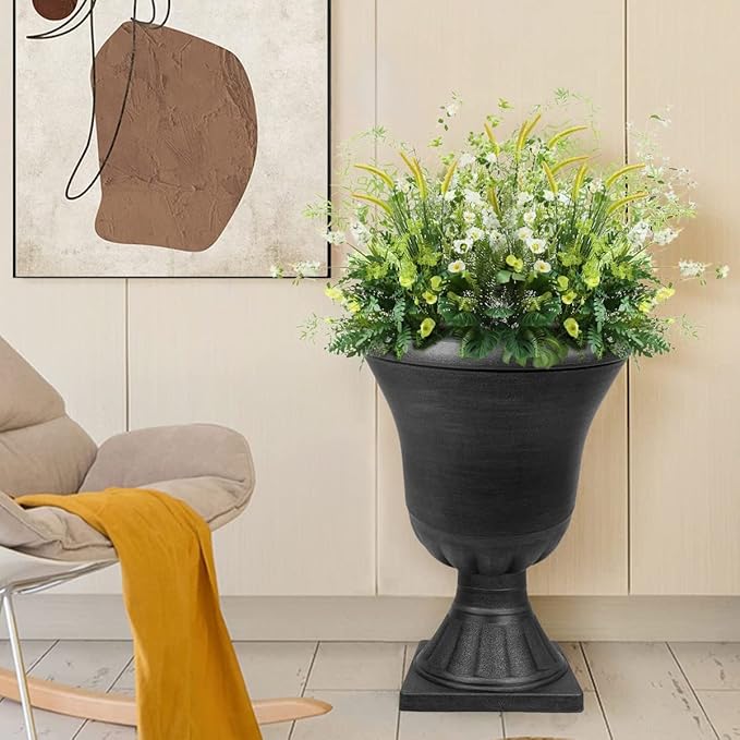 Worth Garden 2-Pack Plastic Urn Planters for Outdoor Plants, 22'' Black Tall Round Classic Resin Traditional Flower Pots - 15 in. Dia. Large Imitation Stone Decorative Pot Patio Deck Front Porch