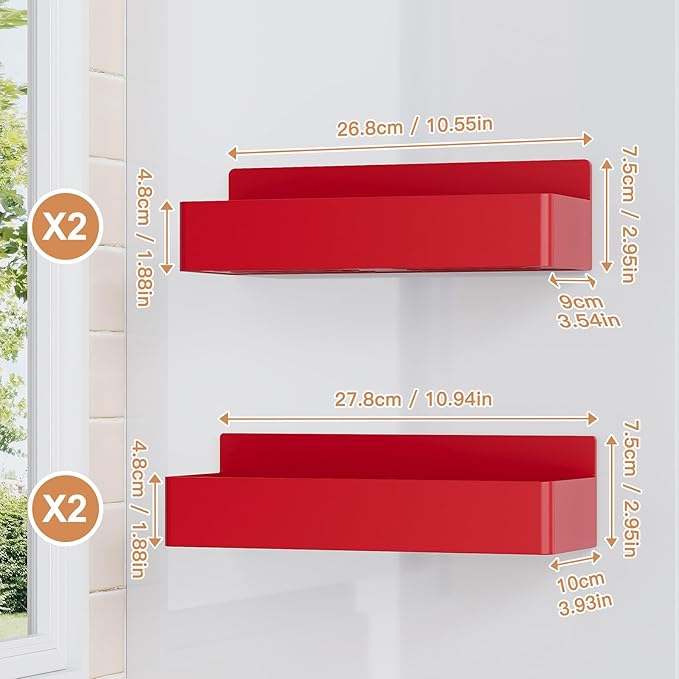 Magnetic Spice Rack for Refrigerator, Kitchen Organizer and Storage Shelf, Red (4 Pack)…