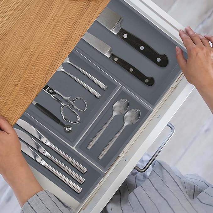 Bamboo Drawer Organizer - Kitchen Utensil Organizer Silverware Tray Cutlery Holder，Office Desk Supplies and Accessories,8.9 * 5.9 * 2.6,Grey