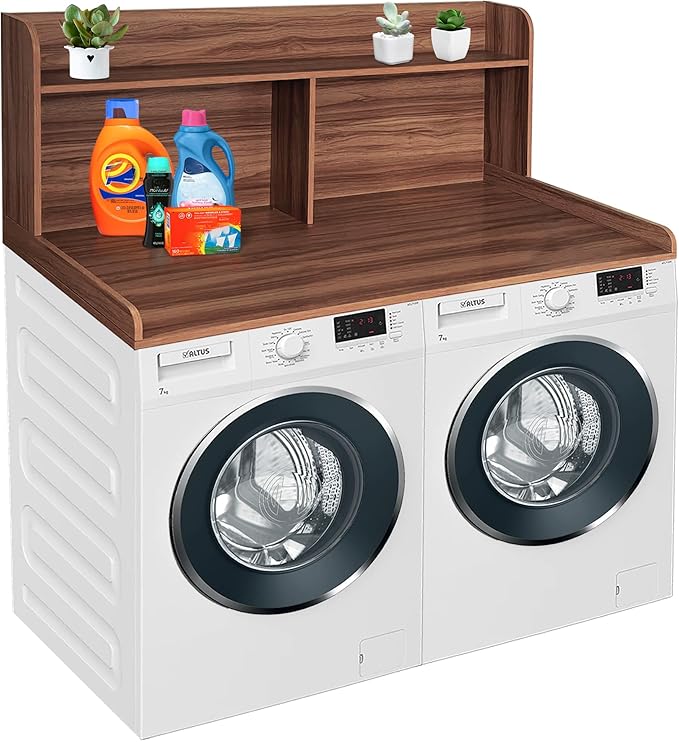 Royxen 2-Tier Washer Dryer Countertop,19.5" H Wood Washer and Dryer Topper with Shelf,Laundry Countertop Over Washer and Dryer, Universal Fit for Laundry Room Organization (Walunt, 54" WX27.5 D)