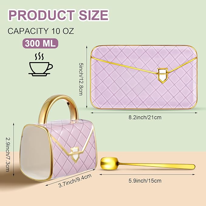 Zubebe 1 Set Coffee Mug Elegant Handbag Shaped Cup Modern Ceramic Purse Mug with Spoon and Saucer, 10oz Cute Creative Tea Cup for Office Home Woman Girls Gift (Purple)