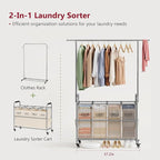 Tajsoon Laundry Hamper with Hanging Rack, Laundry Sorter 4 Sections, 4 Basket Butler with Lockable Wheels and Removable Bag, Rolling Laundry Cart for Bedroom, Beige