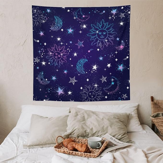 HZOHNAGO Boho Sun Moon Tapestry Purple Blue Sun Stars Galaxy Pattern Printed Wall Tapestry Wall Hanging for Bedroom Living Room Dorm 60" W x 60" H