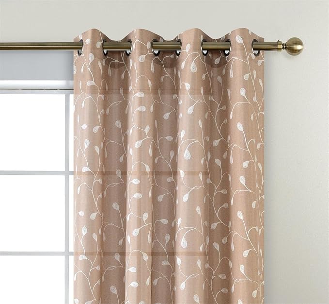 MIUCO Floral Embroidered Semi Sheer Curtains Faux Linen Grommet Curtains for Living Room 52 x 84 Inch 2 Panels Set, Taupe