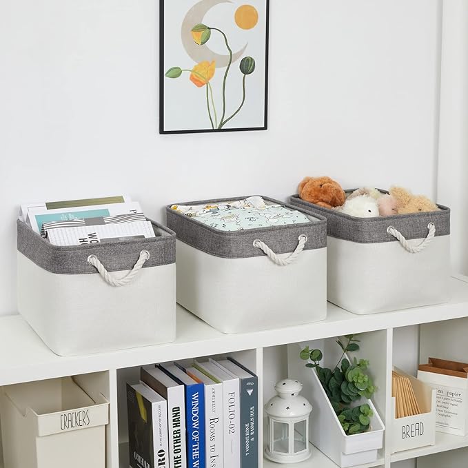 Bidtakay White Baskets with Cotton Rope Handles Decorative Storage Bins [3-pack] Fabric Bins for Organization Linen Closet Shelf Storage Baskets for Clothes Toys Towels 15 X 11 X 9.5 Inches