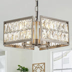 12” 4-Light Modern Crystal Chandeliers Nickel Dinning Room Light Fixture, Square Pendant Light Kitchen Island Chandelier, Flush Mount Ceiling Light for Living Room Entryway Bedroom Foyer