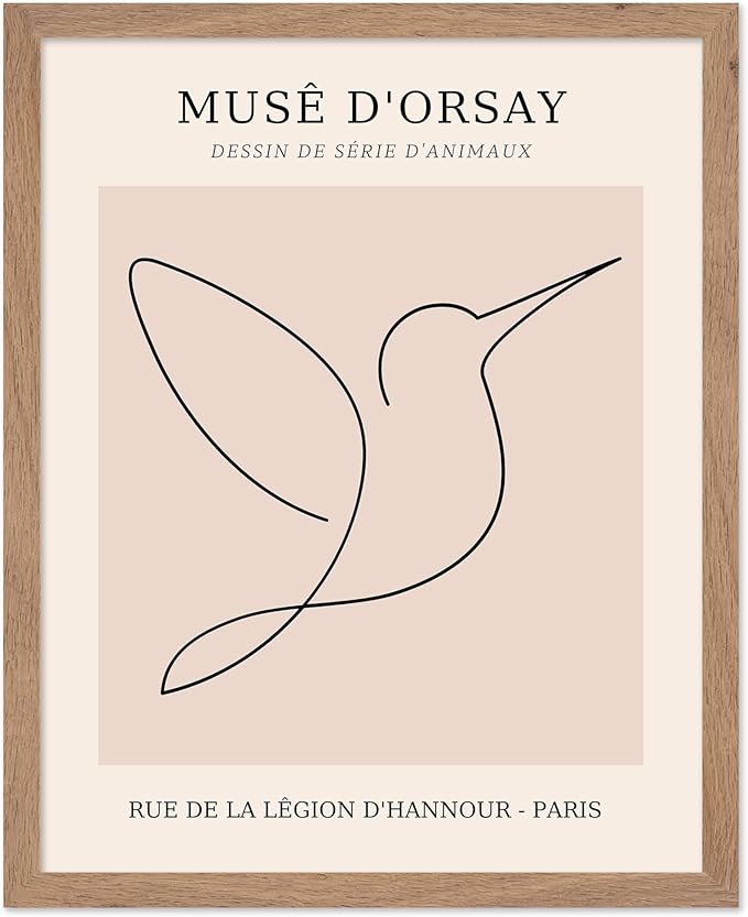 Poster Master Vintage Poster - Retro One Line Hummingbird Drawing Print - Bird Line Art - Minimal Gift for Him, Her, Animal Lover - Abstract Decor for Home, Office, 8x10 Beige Framed