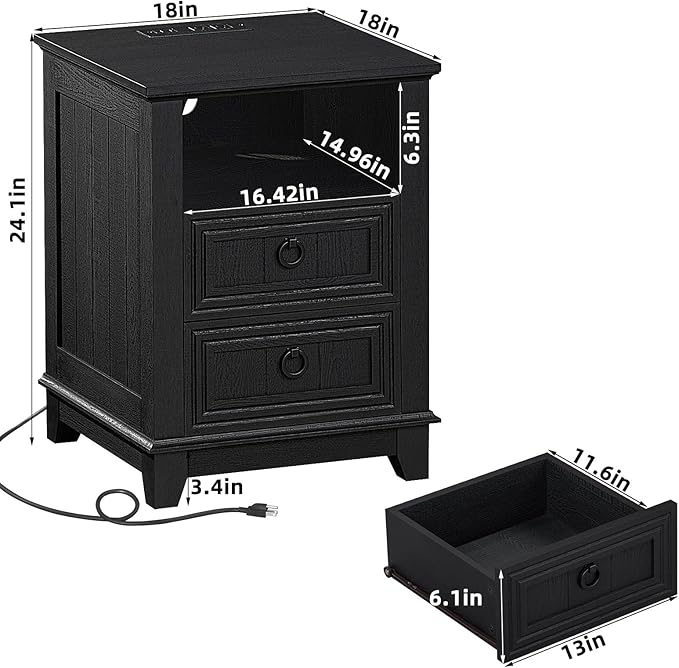 18" Night Stands Set of 2 with Charging Station, Farmhouse 2 Drawers End Table Dresser for Bedroom, Black Wooden Nightstand, Bed Side Table with Open Shelf, Bedside Cabinet for Living Room