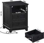 18" Farmhouse Night Stand with Charging Station, 2 Drawers End Table Dresser for Bedroom, Black Wooden Nightstand, Bed Side Table with Open Shelf, Bedside Cabinet for Living Room, Closet