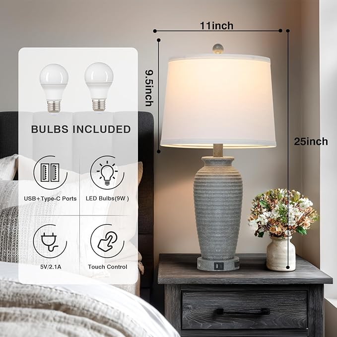 25" Grey Vintage Table Lamp Set of 2 Farmhouse Jar Table Lamps for Living Room，Touch Bedside Lamps with USB A+C Ports & AC Outlet, Pot Nightstand Lamps for Bedroom Living Room (LED Bulbs Included)
