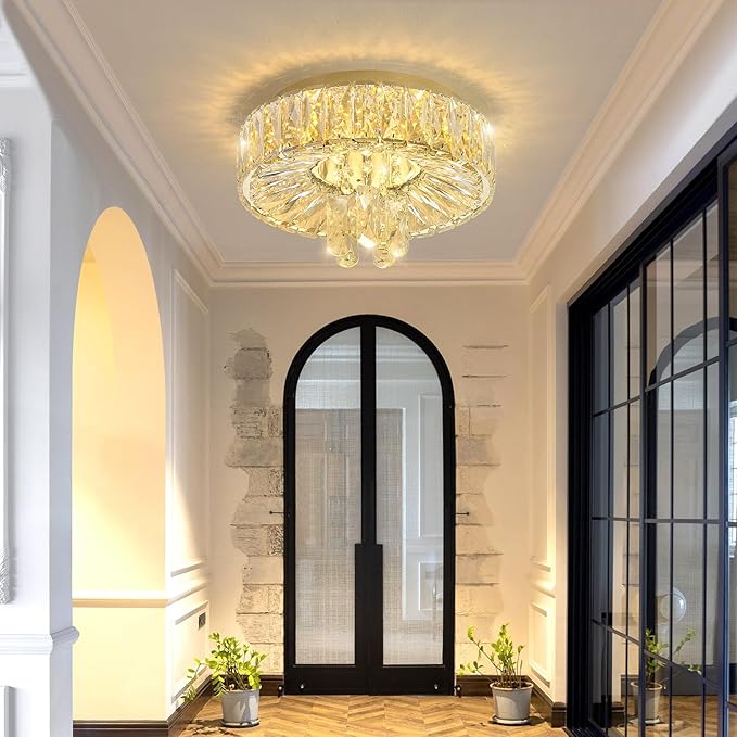Mini Chandelier Modern Crystal Chandeliers for Hallway LED Flush Mount Ceiling Light Dimmable Light Fixture for Dining Room Living Room Bedroom