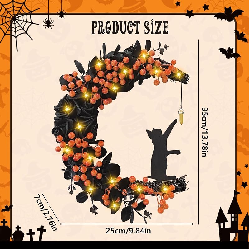 Halloween Wreaths for Front Door with Light, Black Cat Crescent Moon Wreath, Cute Cat Garland Halloween Door Decorations for Outdoor Indoor Decor Wall Window Home Party