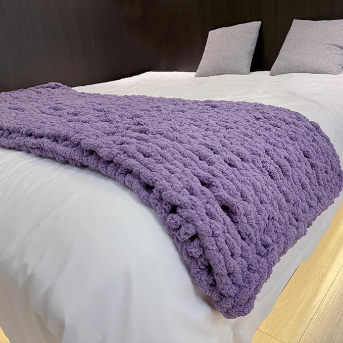 Chunky Knit Blanket Throw 48"x71", Chenille Throw Blankets, Handmade Warm & Cozy Blanket Couch Bed Home Decor, Soft Breathable Fleece Banket, Christmas for Couch Bed Sofa Best Gift (Purple)