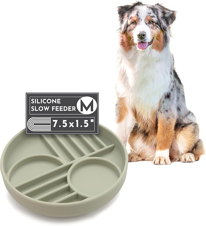The Slowdown Bowl Silicone Slow Feeder for Dogs & Puppies, Slow Eating Modern Lick Mat Design Reduces Gulping, Fits 2 Cups 7.5” Across x 1.5” Tall, Mealtime Challenge, Medium-Sage
