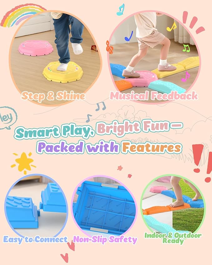 Holyton Music Light Up Balance Beam and Toddler Stepping Stones 13 Pieces, Non-Slip Plastic Balance Stackable Stepping Stones for Kids, Sensory Toys for Toddlers, Indoor or Outdoor Play, Easy Storage