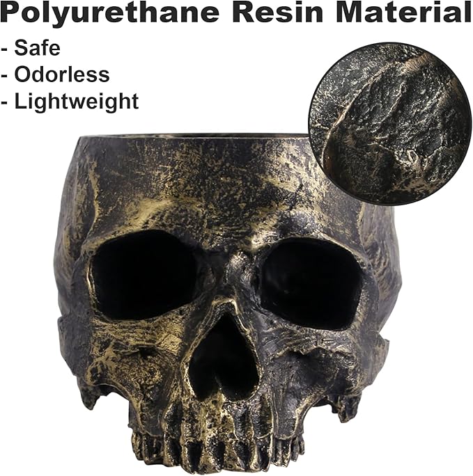 Halloween Skull Candy Dish- Deep Skull Head Halloween Candy Bowl Holder Artificial Resin Skulls Decor Indoor Outdoor Table Centerpieces Flower Pot Plant Office Pen Holder Desktop Ornaments - Bronze