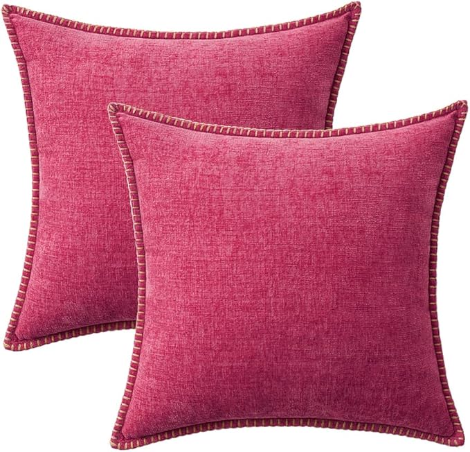 MIULEE Pack of 2 Couch Throw Pillow Covers 18x18 Inch Hot Pink Farmhouse Decorative Pillow Covers with Stitched Edge Soft Chenille Solid Dyed Spring Pillow Covers for Sofa Bed Living Room