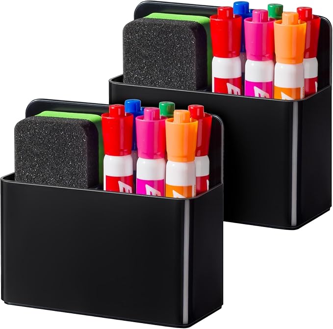 BEYGORM 2 Pack Plastics Magnetic Pen Holder for Refrigerator, Dry Erase Marker Holder for Whiteboard，Magnet School Locker Organizer Accessories, Pencil Cup, Pen Caddy, Classroom Organization(Black)