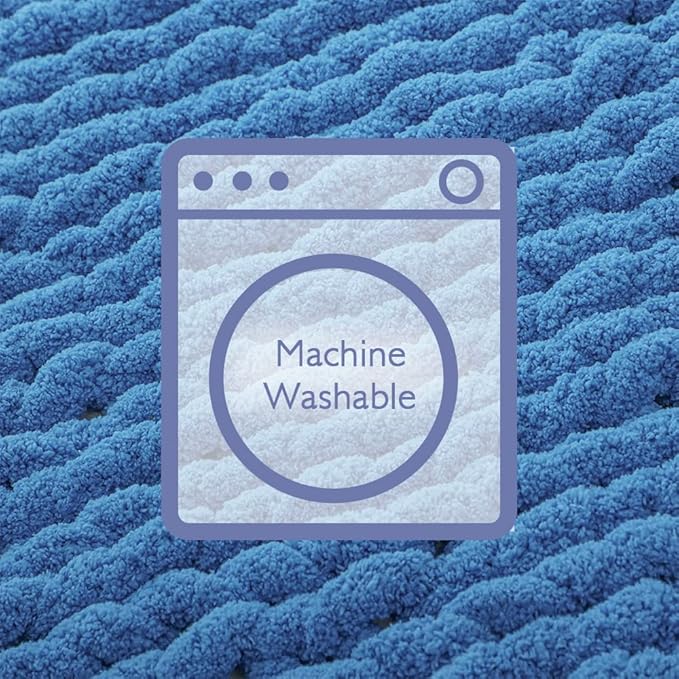 Bigacogo Chunky Knit Throw Blanket for Couch, 51x63 inches, 100% Hand Knitted with Thick Jumbo Chenille Yarn, Cozy Soft Large Rope Knot Cable Crochet Blankets for Sofa Bed Living Room, Bright Blue