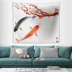 Houselerax Japanese Koi Fish Tapestry, Cherry Blossoms Asian Oriental Flower Branch Koi Fish Carp Tapestries Wall Hanging for Bedroom Living Room Office Decor 60"x50"
