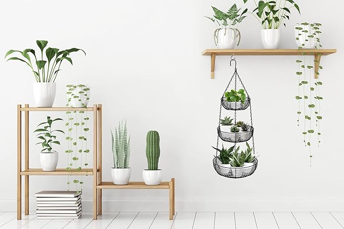 CAXXA 3-Tier Hanging Basket Fruit Organizer Kitchen Heavy Duty Wire Organizer with 2 Free Bonus Metal Ceiling Hooks, Black