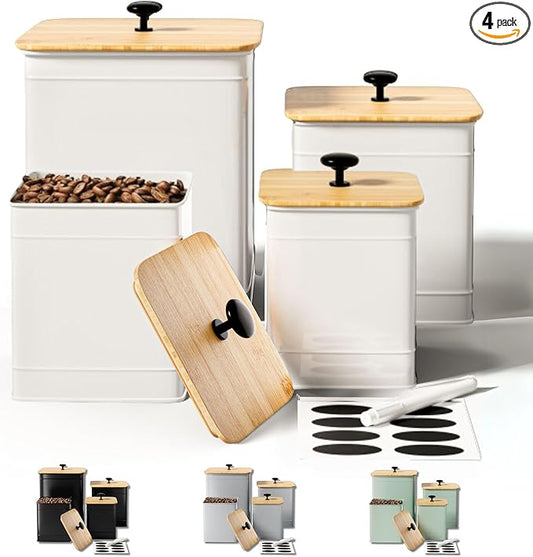 Kitchen Canisters for Countertop Set of 4 with Customizable Chalkboard Labels & Marker Pen - Big Iron Kitchen Canisters with Airtight Lids - Canisters Sets for the Kitchen - White Kitchen Canister Set