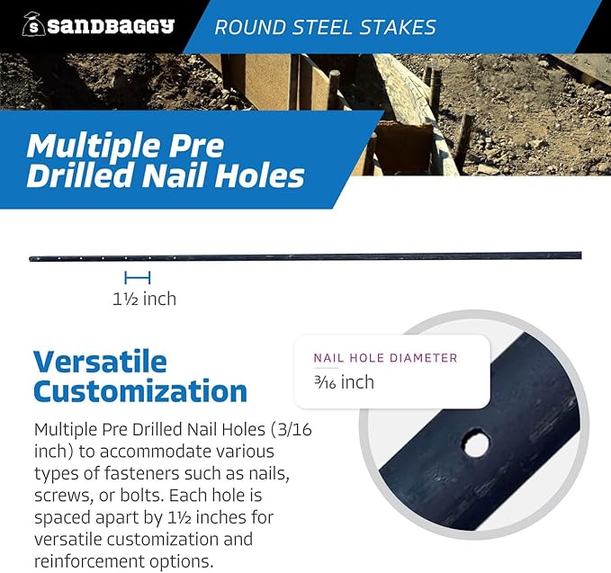 Sandbaggy Round Steel Concrete Form Stakes with Nail Holes - Rust Resistant Coating - Removable, Reusable (1, 3/4 in X 60 in)