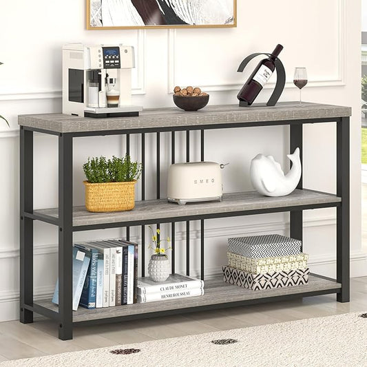 FOLUBAN Console Tables for Entryway, Sofa Table with 3 Tier Storage for Living Room Hallway Foyer Behind Couch, Rustic Light Grey