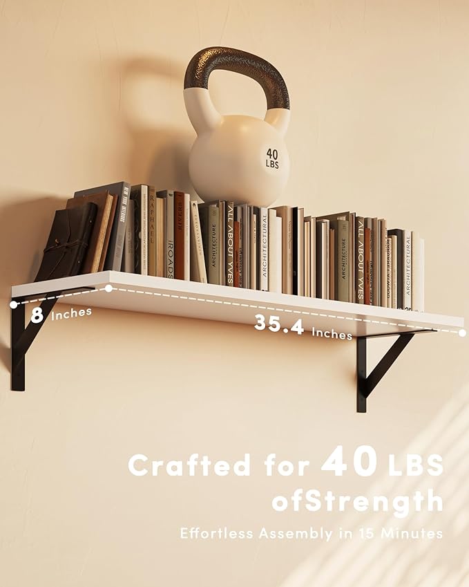 White Wall Shelves, 36 Inches Floating Book Shelves, Long Wall Shelf, Hanging Book Shelves, Long Large Deep Floating Shelf for Kitchen Bedroom