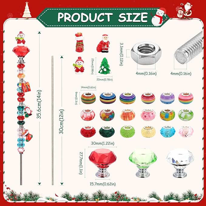 Beaded Garden Stake, DIY Fairy Wand Beaded Decorative Garden Stake Kit with 12IN Threaded Rod Crystal Stopper Top Large Holes Beads Christmas Decoration Pendants Outdoor Fairy Garden kit (110 Pieces)