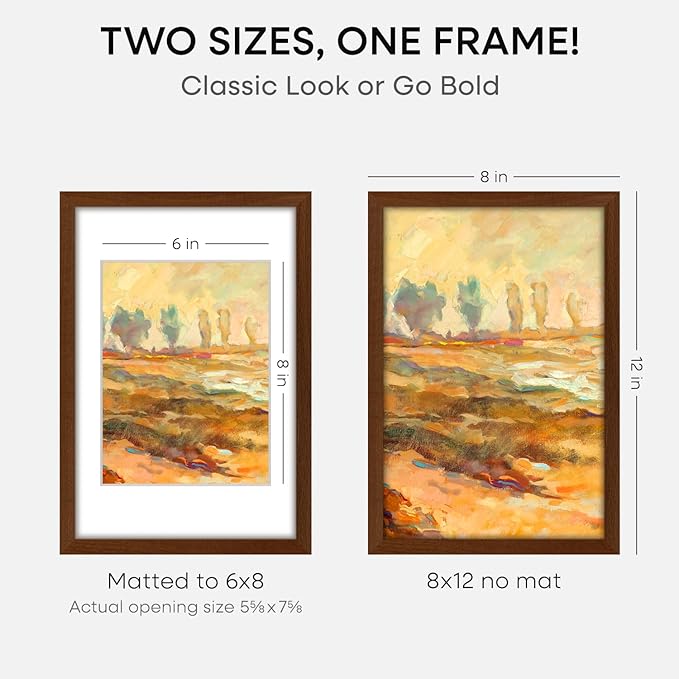 Homeforia 12x8 Picture Frame Brown, High End Dark Oak 8x12 Walnut Wooden Frames with Mat 6x8 Photo, 8 x 12 Wood Frame Matted to 6 by 8 Print, Wall or Tabletop Frame, Tempered Glass, Wall Kit, Set of 1
