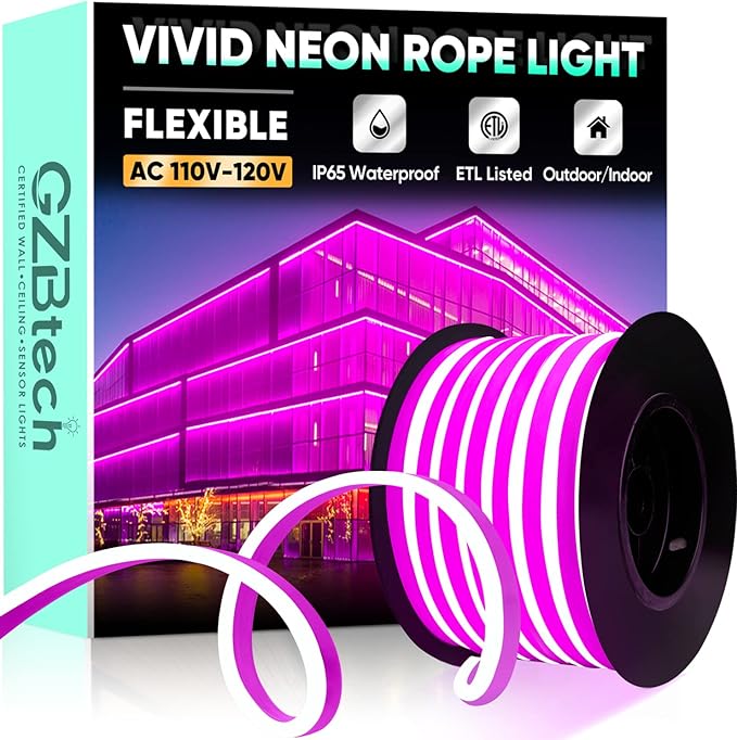 GZBtech Flexible LED Neon Rope Lights 50FT,AC 110-120V Waterproof Strip Light, 120 LEDs/M Cuttable Connectable Neon Lighting for Indoor Outdoor Home Decor/Commercial Building Use-Pink 15M